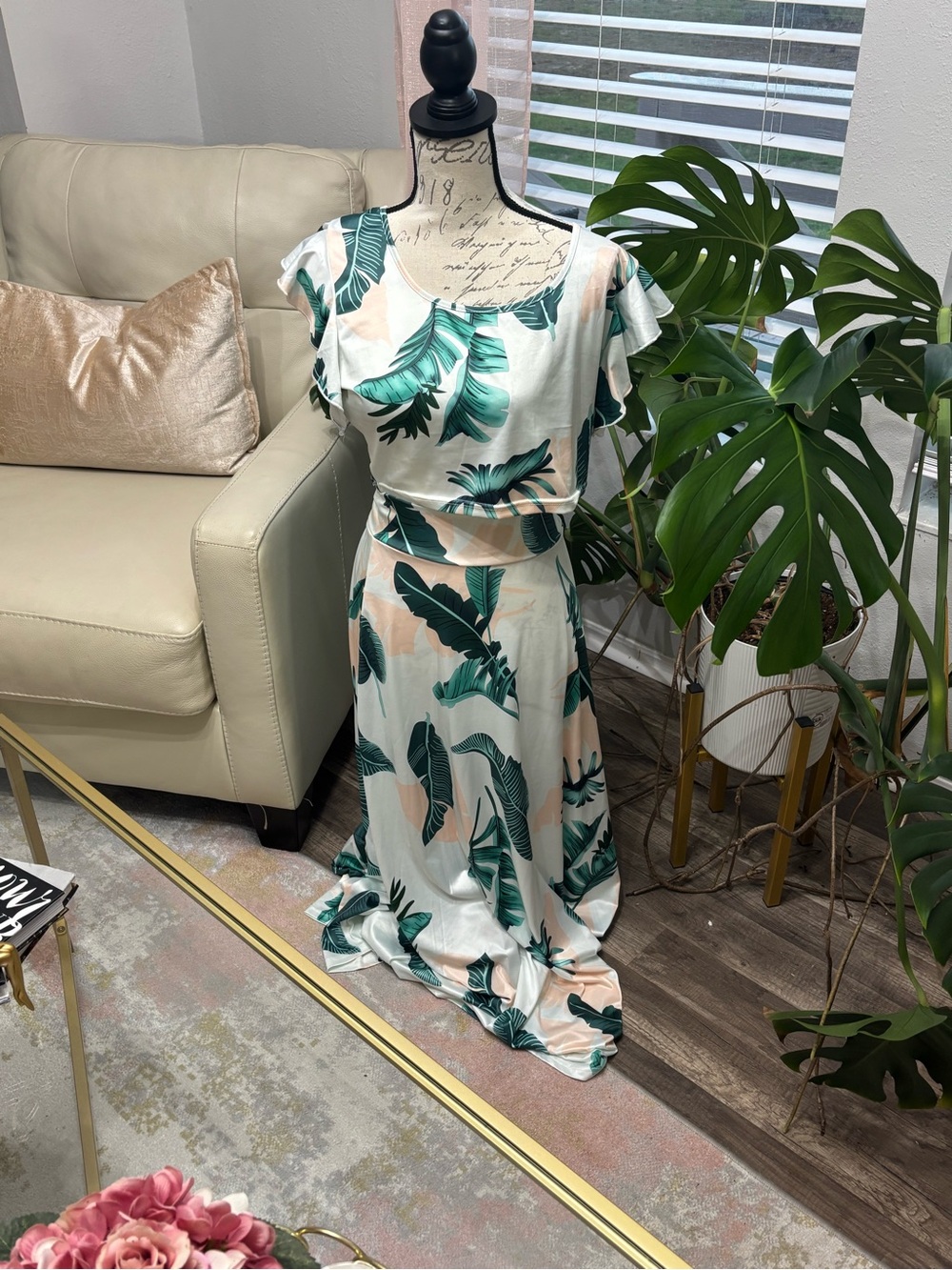 Tropical Leaf Print top and skirt set in Cream and Green